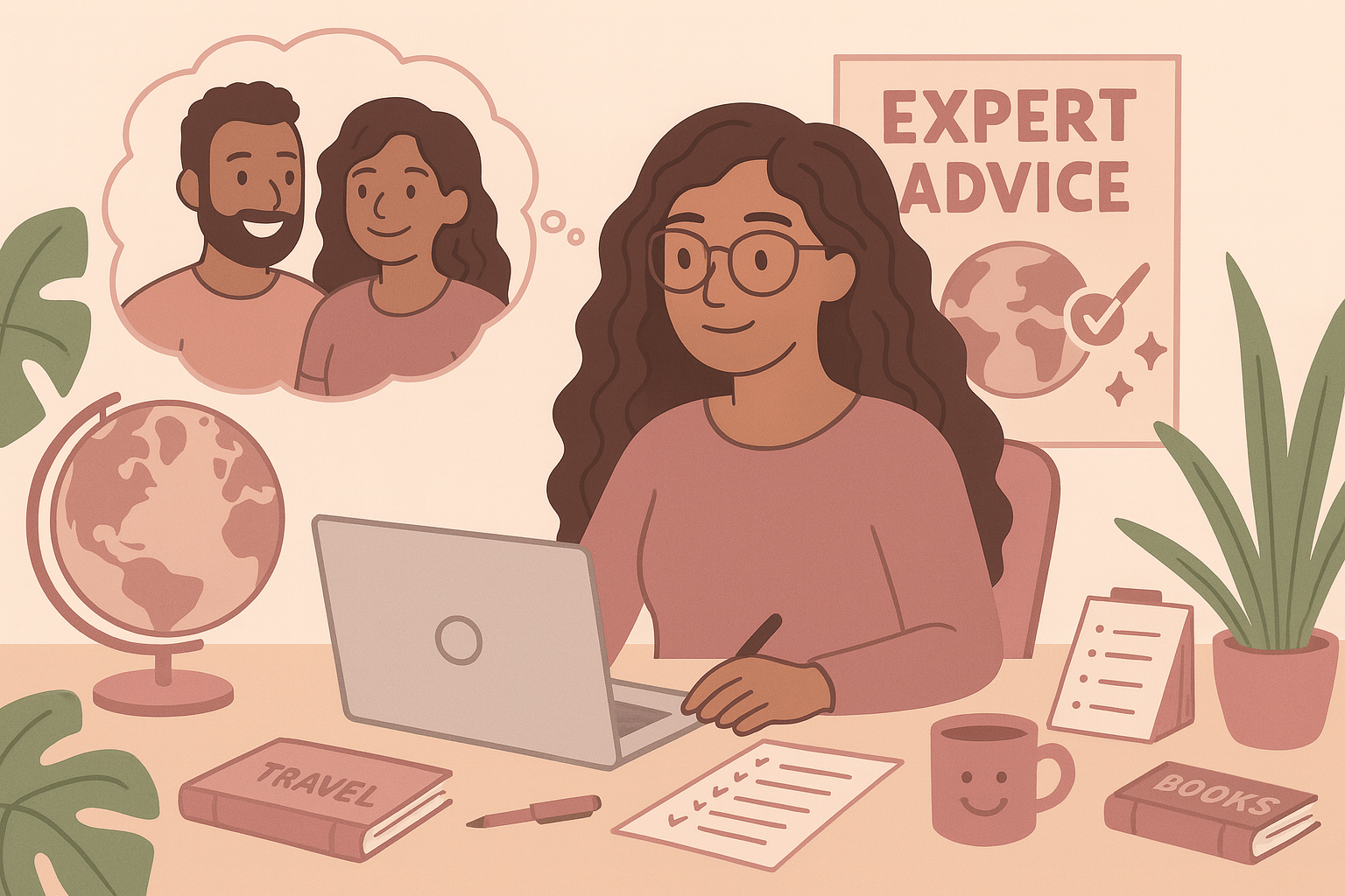 Expert travel advisor thinking of her clients.