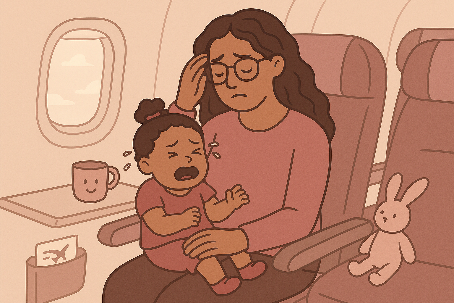 Illustration of a mom comforting her crying toddler on an airplane, showing the challenges of flying with young children.