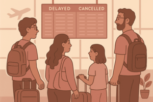 Illustration of a family with two teenagers standing in an airport terminal, looking at a departures board showing delayed and cancelled flights.