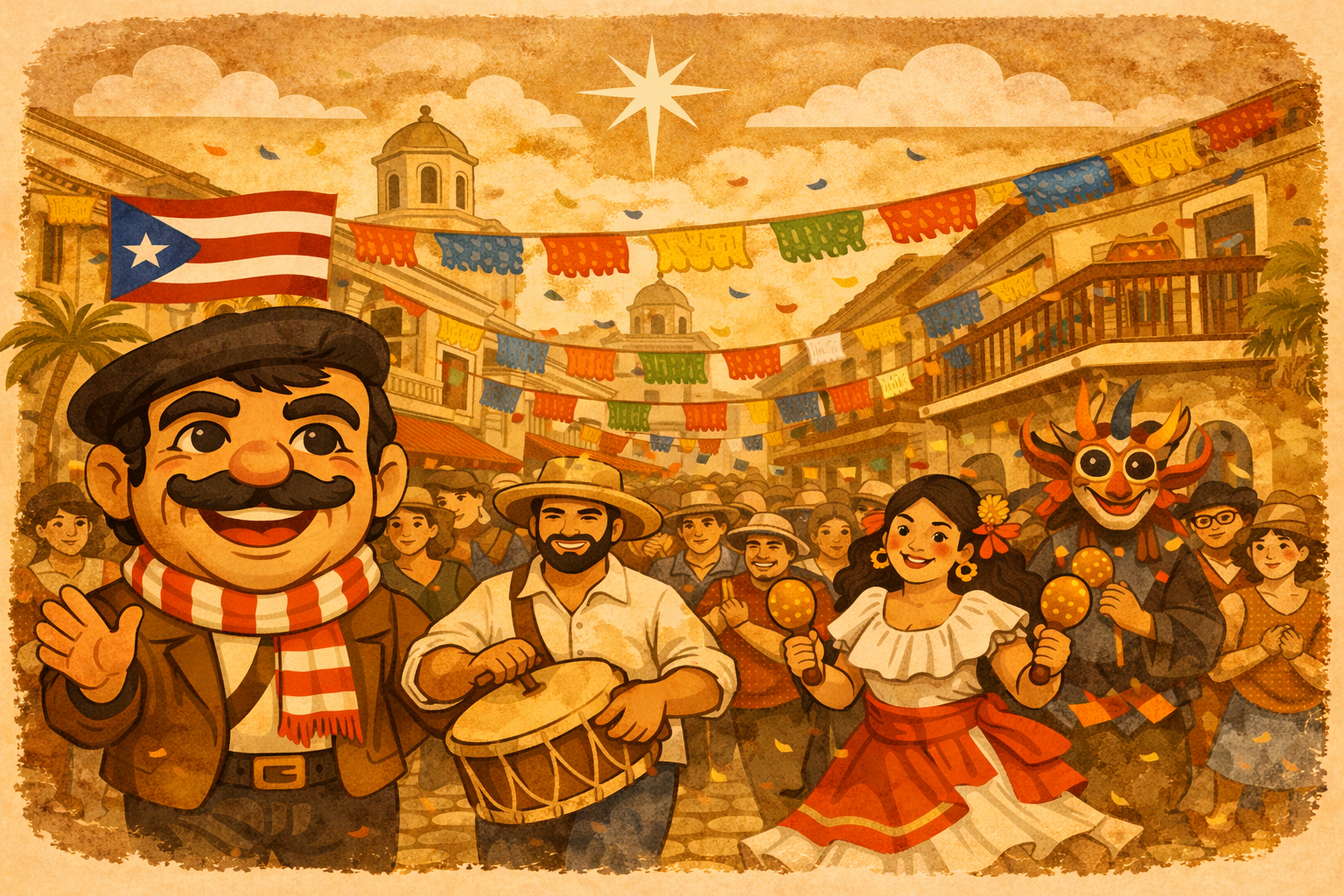 SanSe Festival PR Vintage-style illustration of the Fiestas de la Calle San Sebastián in Old San Juan, showing a cabezudo leading a street parade with musicians, dancers, and a joyful crowd beneath colorful banners and historic buildings.