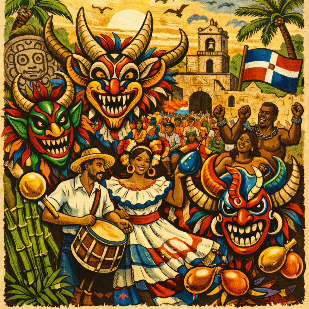 Illustration of people celebrating carnival int eh Dominican Republic.