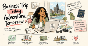 Hand-drawn illustration of a woman working remotely from a hotel room while planning leisure activities, surrounded by travel rewards icons, a passport, boarding pass, hotel upgrade tag, and city skyline, representing bleisure travel and travel hacking business trips.