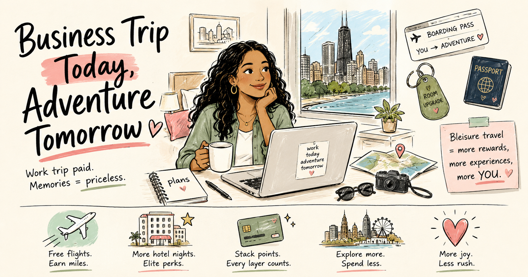 Bleisure Travel: Turn Every Business Trip Into a Vacation Hand-drawn illustration of a woman working remotely from a hotel room while planning leisure activities, surrounded by travel rewards icons, a passport, boarding pass, hotel upgrade tag, and city skyline, representing bleisure travel and travel hacking business trips.