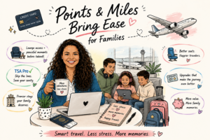 Travel advisor surrounded by the list of travel credit card perks.