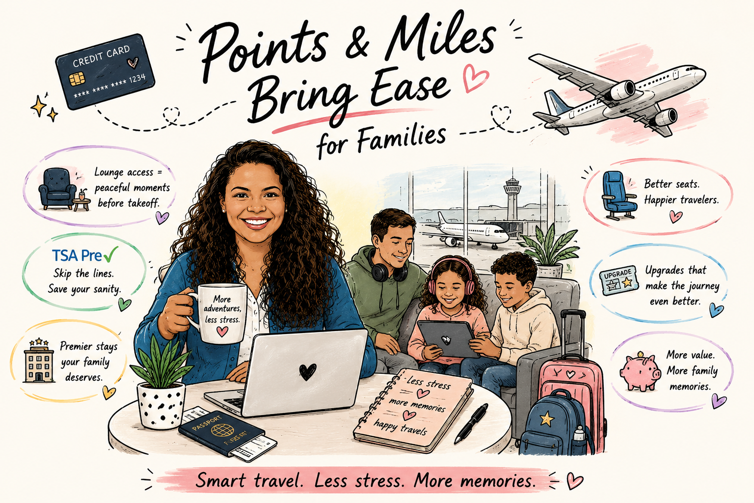 Travel advisor surrounded by the list of travel credit card perks.