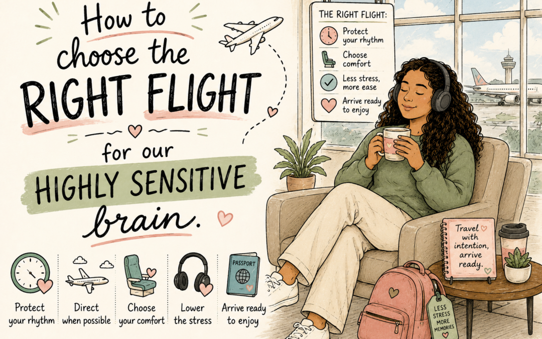A hand-drawn doodle-style Pinterest graphic showing a relaxed woman with curly hair wearing noise-canceling headphones in an airport lounge. The image is titled “How to Choose the Right Flight for Our Highly Sensitive Brain” and includes visual reminders to protect your sleep schedule, choose comfort, fly direct when possible, reduce stress, and arrive ready to enjoy your trip.