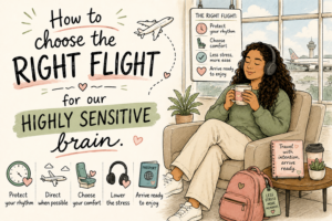 A hand-drawn doodle-style Pinterest graphic showing a relaxed woman with curly hair wearing noise-canceling headphones in an airport lounge. The image is titled “How to Choose the Right Flight for Our Highly Sensitive Brain” and includes visual reminders to protect your sleep schedule, choose comfort, fly direct when possible, reduce stress, and arrive ready to enjoy your trip.
