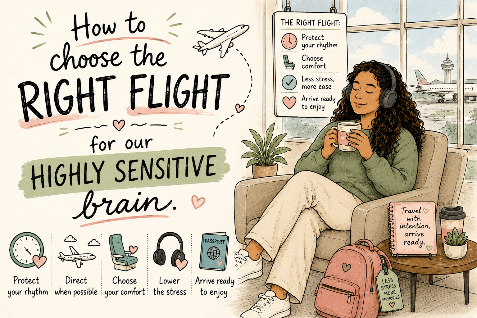 Choosing Flights HSP WP A hand-drawn doodle-style Pinterest graphic showing a relaxed woman with curly hair wearing noise-canceling headphones in an airport lounge. The image is titled “How to Choose the Right Flight for Our Highly Sensitive Brain” and includes visual reminders to protect your sleep schedule, choose comfort, fly direct when possible, reduce stress, and arrive ready to enjoy your trip.
