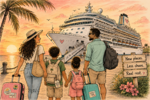 Family of four boarding a cruise ship at sunset for a first-time cruise vacation, illustrating how cruises can work for anxious, sensory-sensitive travelers and families.