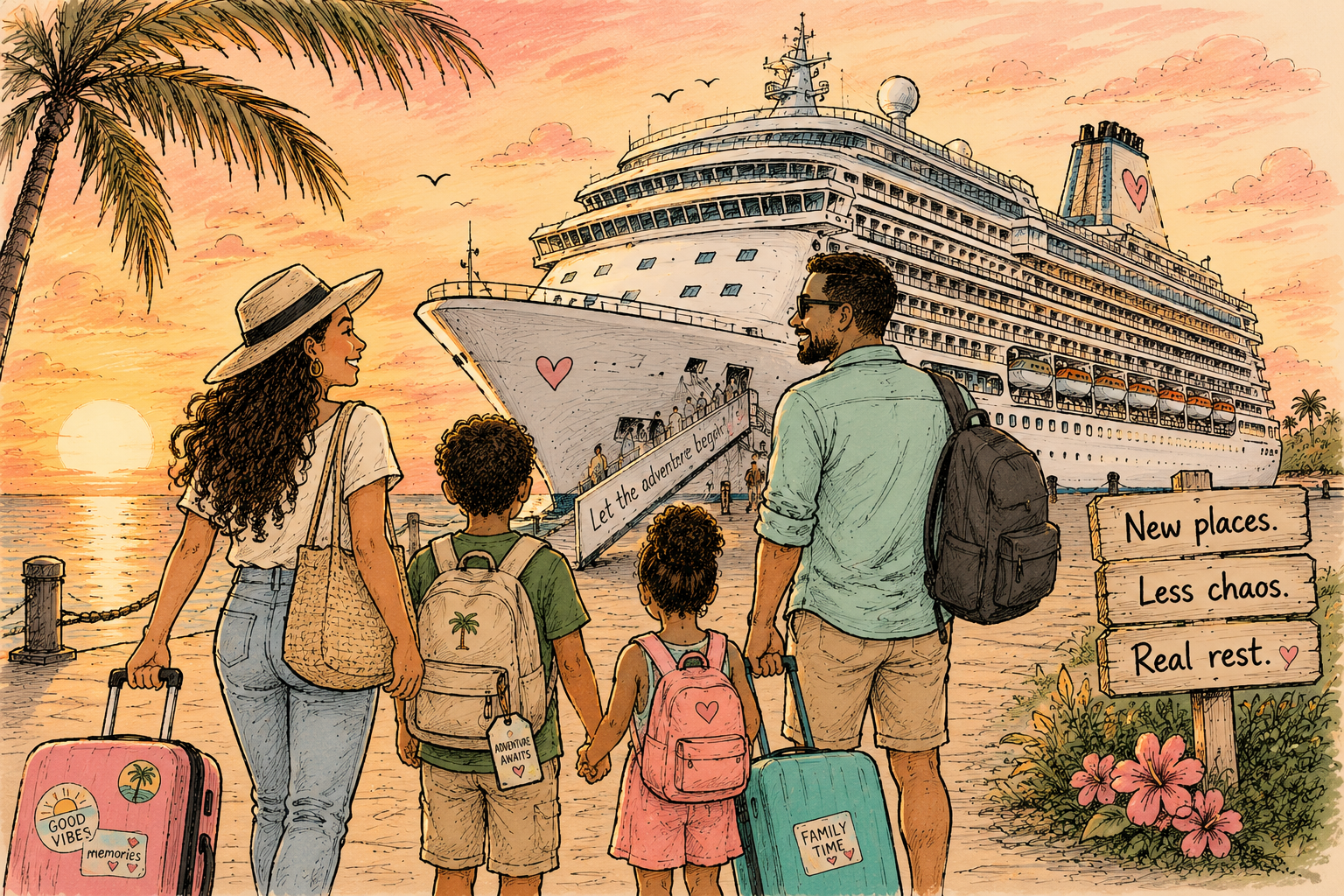 cruises-for-non-cruise-people-family-boarding-cruise-ship.jpg Family of four boarding a cruise ship at sunset for a first-time cruise vacation, illustrating how cruises can work for anxious, sensory-sensitive travelers and families.
