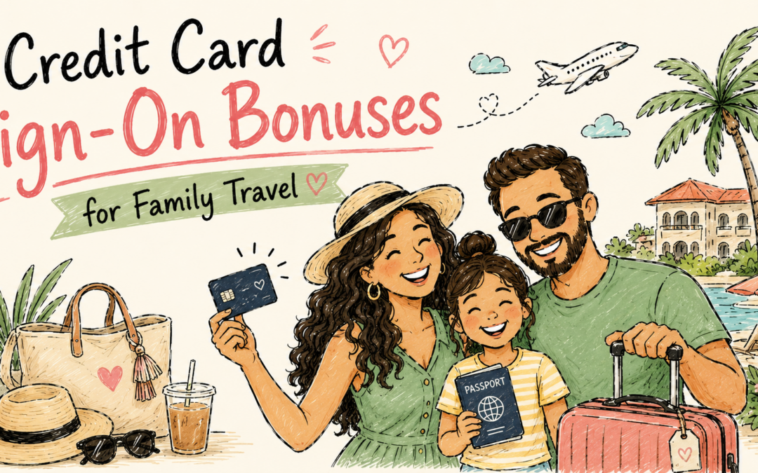 Happy family smiling at a tropical resort with luggage, a passport, and a travel rewards credit card beneath the title "Credit Card Sign-On Bonuses for Family Travel," illustrating how responsible credit card rewards can help families save money on vacations.