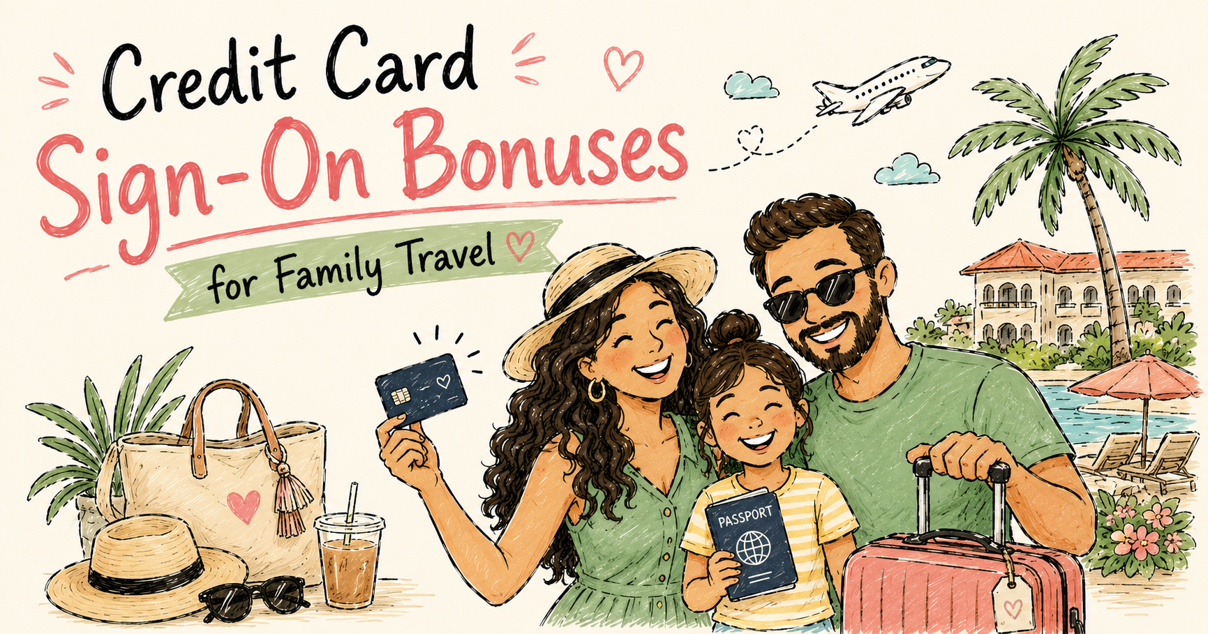 Credit Card Sign-On Bonuses for Family Travel Happy family smiling at a tropical resort with luggage, a passport, and a travel rewards credit card beneath the title "Credit Card Sign-On Bonuses for Family Travel," illustrating how responsible credit card rewards can help families save money on vacations.
