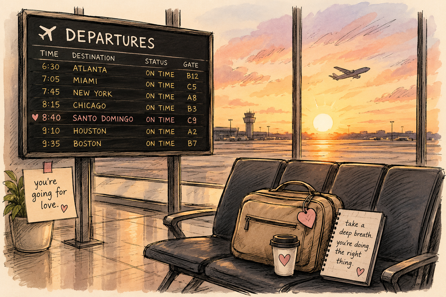 A quiet airport terminal at sunrise with a departure board, a carry-on suitcase, a coffee cup, and a notebook resting on empty seats. The soft pastel colors and handwritten details create a reflective, comforting mood, symbolizing emergency travel during a time of grief.