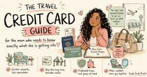 Hand-drawn illustration of Julissa from Simple Sanity Travel explaining how travel credit cards can reduce travel stress for families through airport lounges, TSA PreCheck, travel insurance, and more comfortable travel experiences.