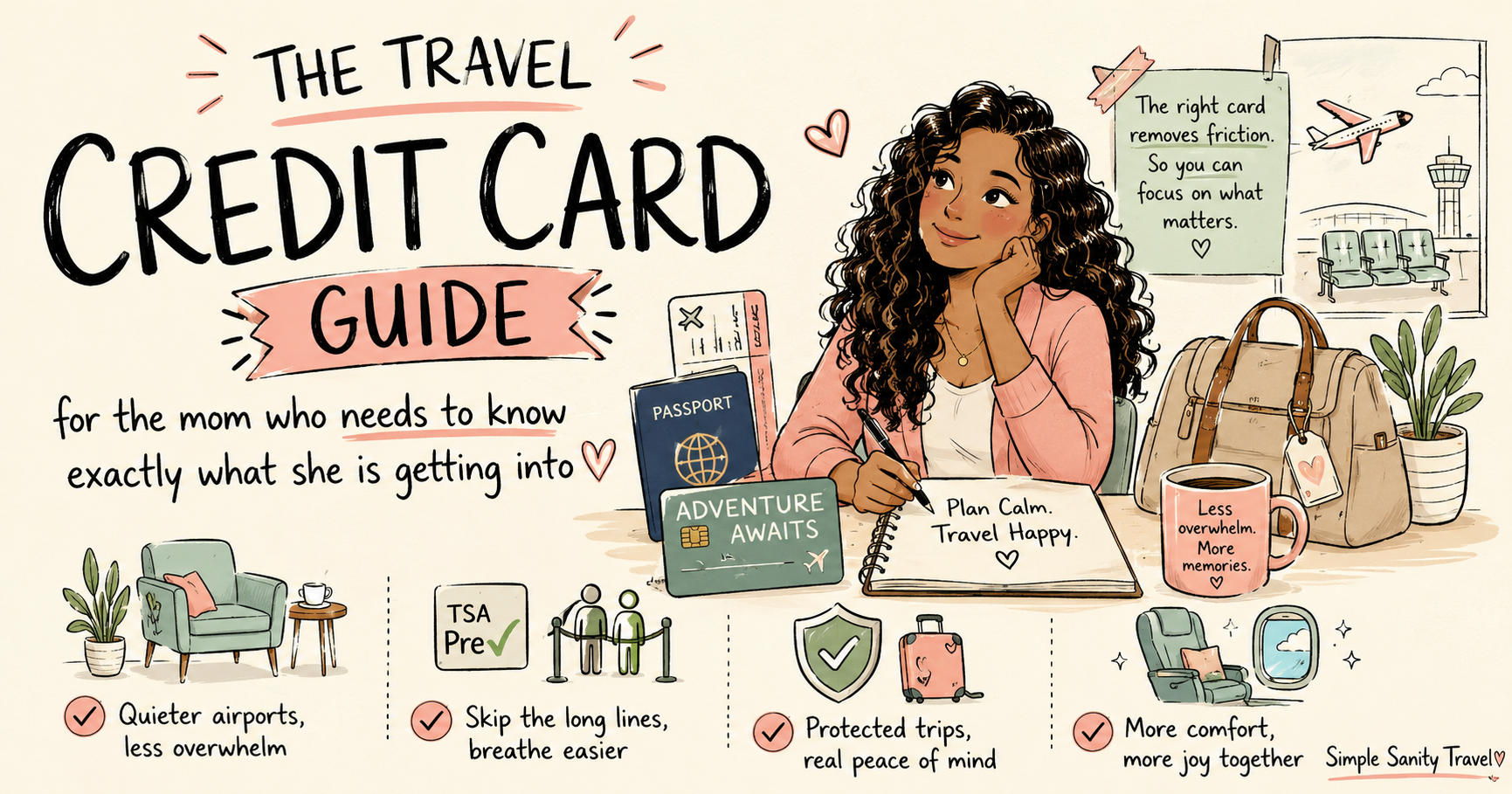 Hand-drawn illustration of Julissa from Simple Sanity Travel explaining how travel credit cards can reduce travel stress for families through airport lounges, TSA PreCheck, travel insurance, and more comfortable travel experiences.