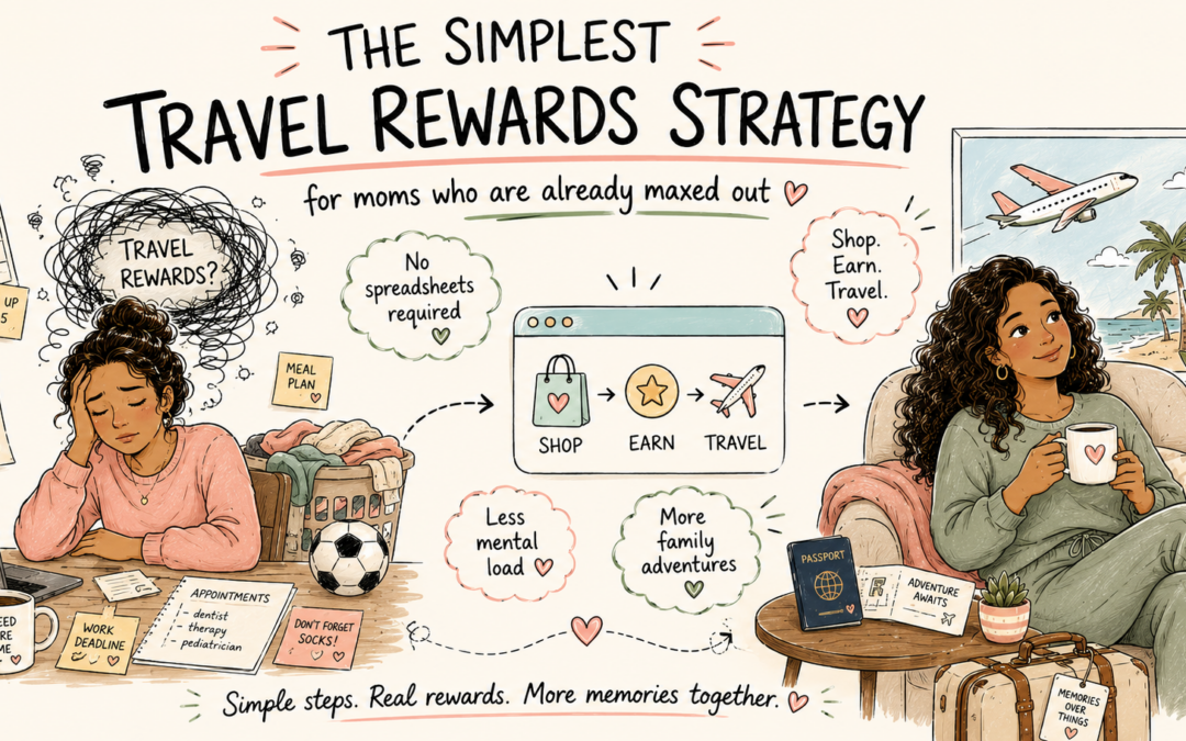 Hand-drawn illustration titled “The Simplest Travel Rewards Strategy for Moms Who Are Already Maxed Out.” On the left, an overwhelmed mom sits at a table surrounded by calendars, to-do lists, laundry, and a scribbled cloud labeled “Travel Rewards?” In the center, a simple “Shop → Earn → Travel” graphic shows an easy rewards system. On the right, the same mom relaxes with coffee, a passport, and travel documents, surrounded by calm travel imagery and handwritten notes about less mental load and more family adventures.