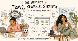 Hand-drawn illustration titled “The Simplest Travel Rewards Strategy for Moms Who Are Already Maxed Out.” On the left, an overwhelmed mom sits at a table surrounded by calendars, to-do lists, laundry, and a scribbled cloud labeled “Travel Rewards?” In the center, a simple “Shop → Earn → Travel” graphic shows an easy rewards system. On the right, the same mom relaxes with coffee, a passport, and travel documents, surrounded by calm travel imagery and handwritten notes about less mental load and more family adventures.