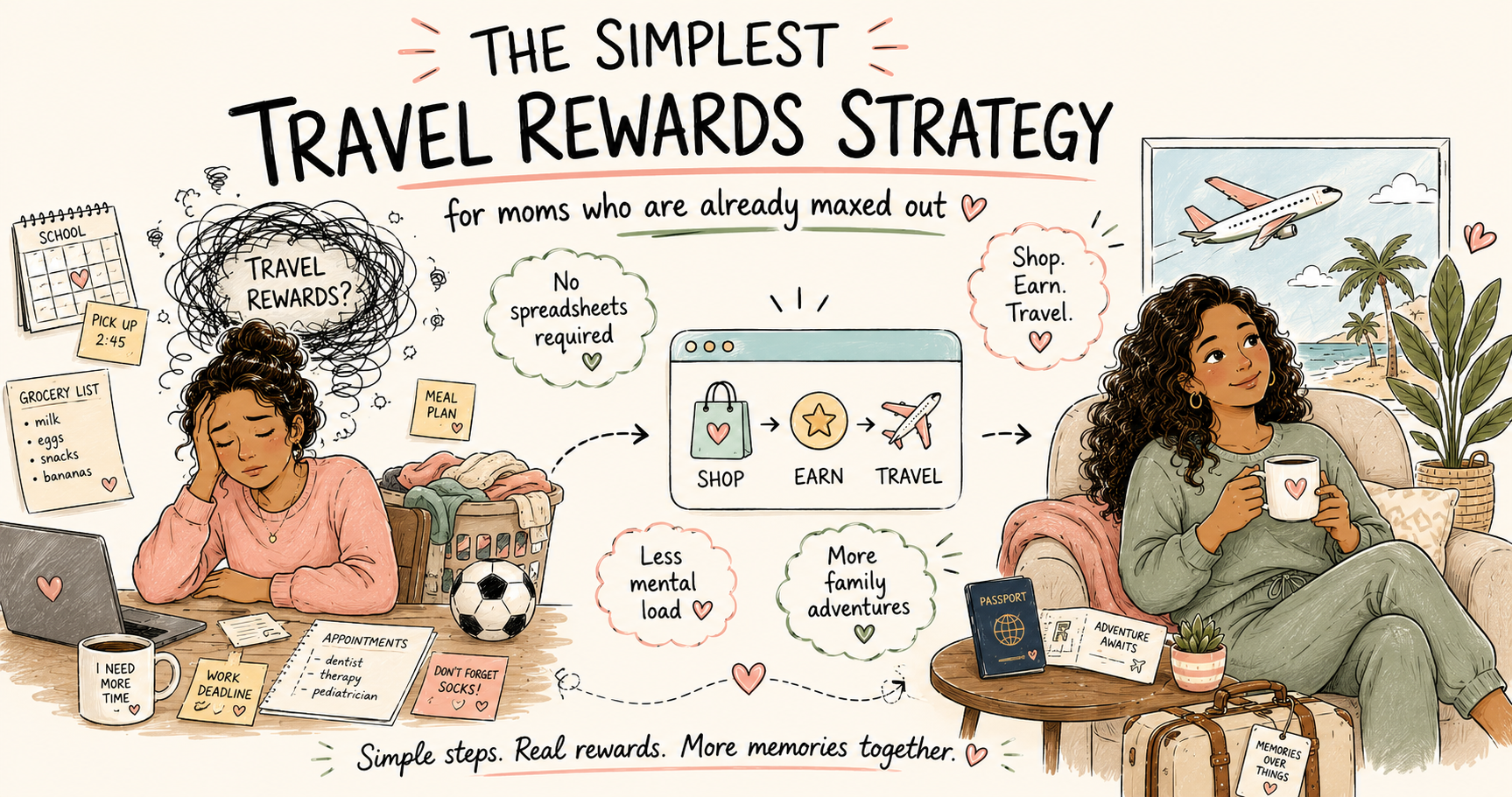 Travel Rewards Made Simple for Moms Hand-drawn illustration titled “The Simplest Travel Rewards Strategy for Moms Who Are Already Maxed Out.” On the left, an overwhelmed mom sits at a table surrounded by calendars, to-do lists, laundry, and a scribbled cloud labeled “Travel Rewards?” In the center, a simple “Shop → Earn → Travel” graphic shows an easy rewards system. On the right, the same mom relaxes with coffee, a passport, and travel documents, surrounded by calm travel imagery and handwritten notes about less mental load and more family adventures.