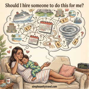 A hand-drawn illustration of an overwhelmed Latina mom on a couch at 2:00 a.m. with a sleeping toddler on her chest, looking stressed as a massive thought bubble above her head spins with chaotic travel planning logistics like hotels, cruises, maps, calendars, and a tornado.