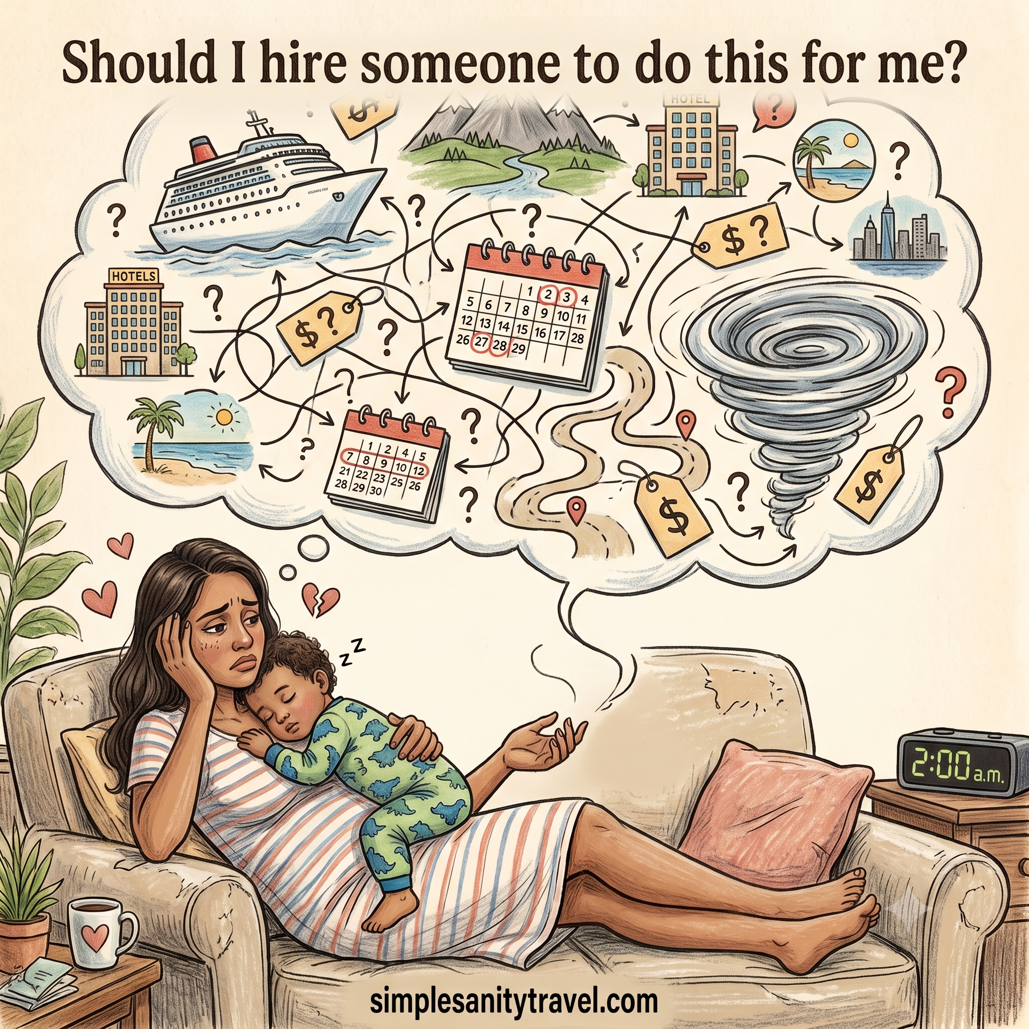 Should_I_Hire_A_Travel_Advisor_Blog_Featured.png A hand-drawn illustration of an overwhelmed Latina mom on a couch at 2:00 a.m. with a sleeping toddler on her chest, looking stressed as a massive thought bubble above her head spins with chaotic travel planning logistics like hotels, cruises, maps, calendars, and a tornado.