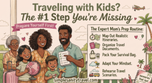 Multi-generational Afrolatino family standing on a balcony, smiling. The grandmother holds a pink globe, and the mother holds a checklist for travel preparation.