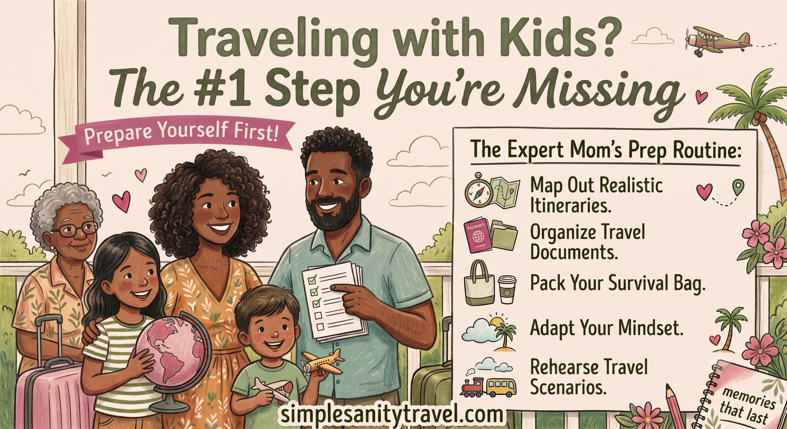 Expert Mom’s Prep Routine: Multi-Gen Travel Advice Multi-generational Afrolatino family standing on a balcony, smiling. The grandmother holds a pink globe, and the mother holds a checklist for travel preparation.