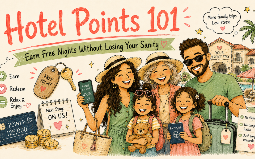 Illustration of a multigenerational family of five at a resort with hotel points, a free-night key tag, luggage, and travel rewards icons beneath the title “Hotel Points 101: Earn Free Nights Without Losing Your Sanity.”
