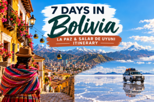 Featured image for a 7-day Bolivia itinerary featuring La Paz, the Andes, Mi Teleférico, and the Salar de Uyuni salt flats.
