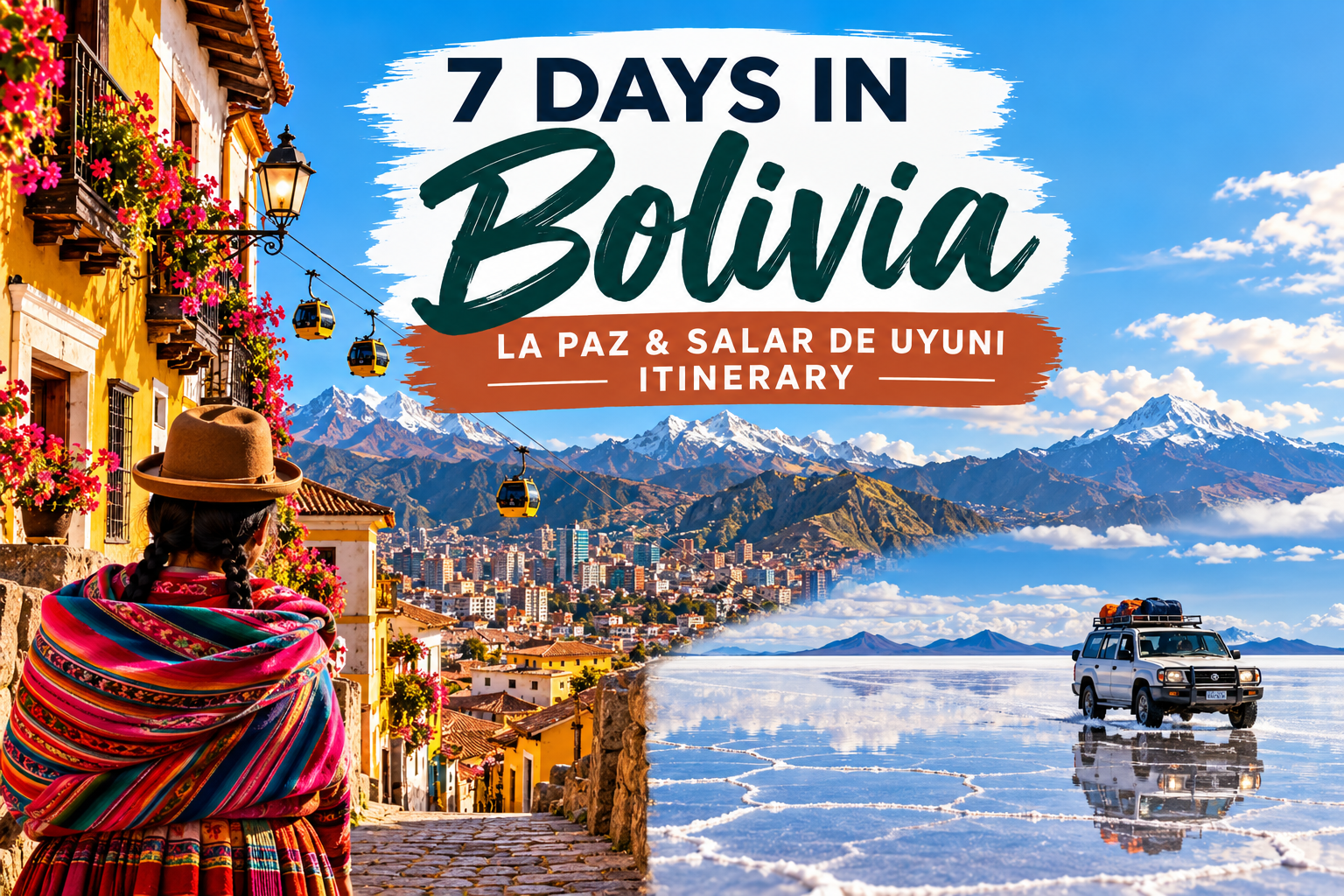 7 Days in Bolivia: La Paz & Salar de Uyuni Itinerary Featured image for a 7-day Bolivia itinerary featuring La Paz, the Andes, Mi Teleférico, and the Salar de Uyuni salt flats.
