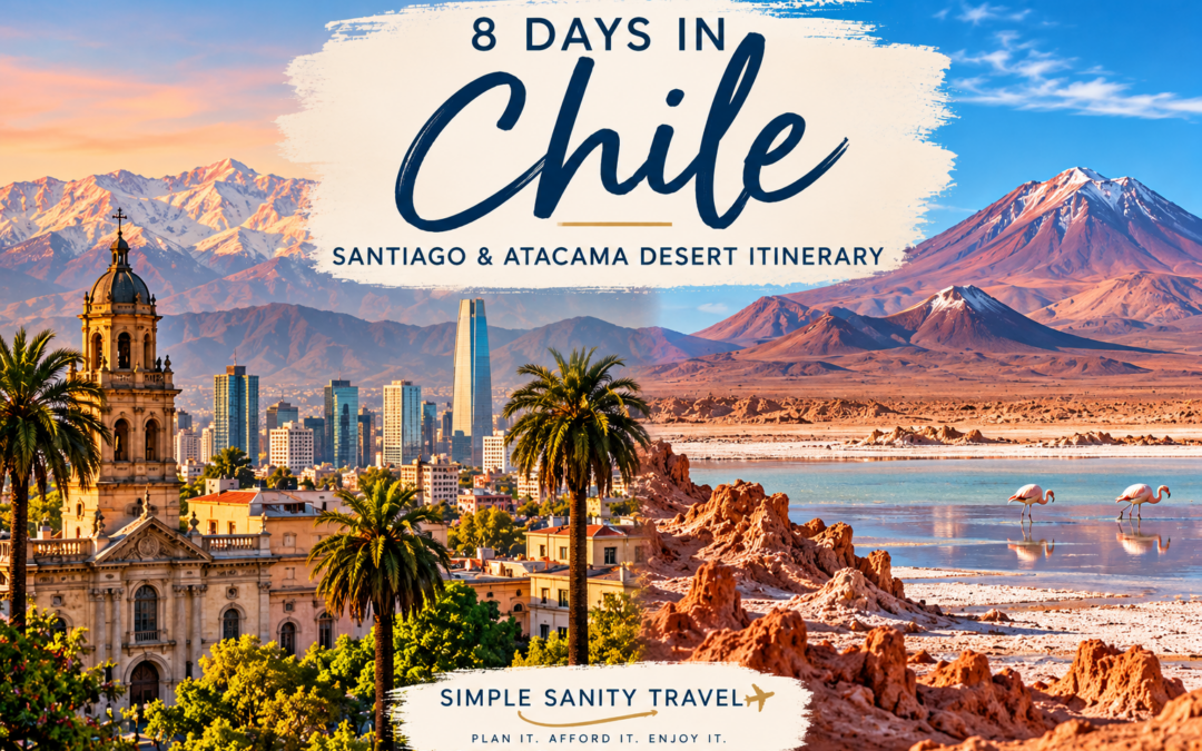 Featured image for an 8-day Chile itinerary featuring Santiago with the Andes and the Atacama Desert with volcanic landscapes, salt flats, and flamingos.