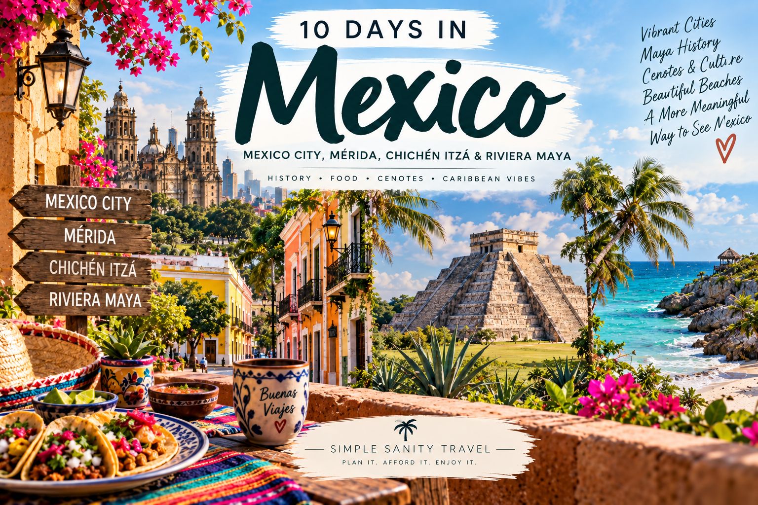 Mexico 3 Featured Featured image for a 10-day Mexico itinerary featuring Mexico City, Mérida, Chichén Itzá, and the Riviera Maya with colorful architecture, Maya history, Mexican food, and Caribbean beaches.