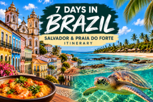 Featured image for a 7-day Brazil itinerary featuring Salvador’s colorful historic architecture, the turquoise beaches of Praia do Forte, Bahian food, and a sea turtle.