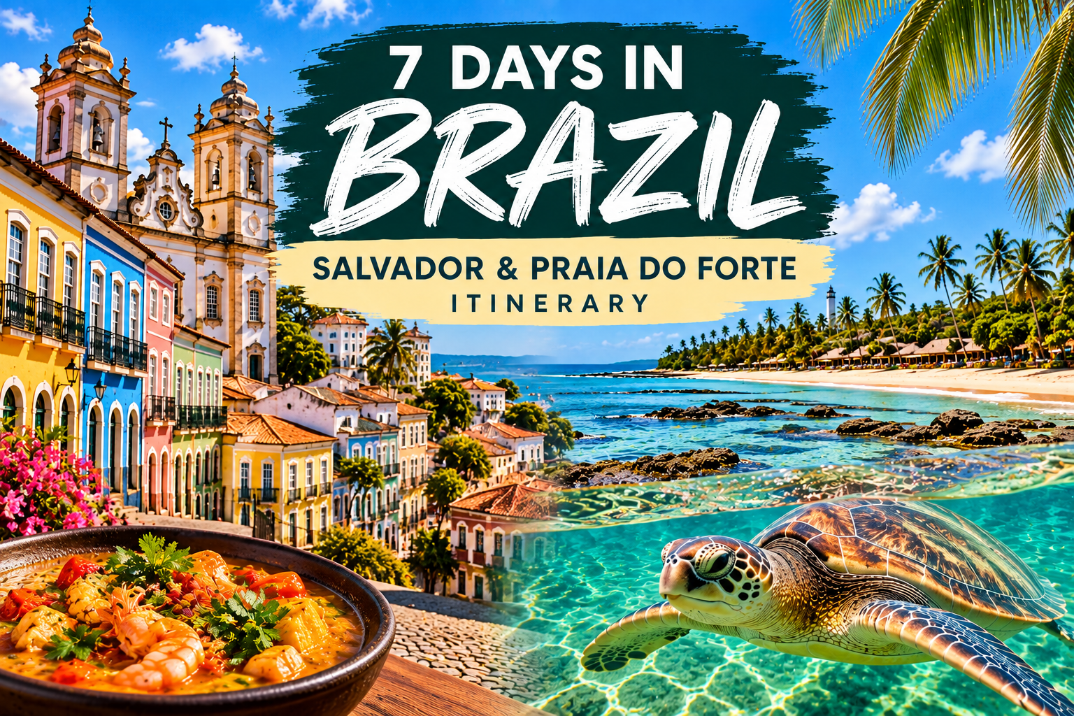 7 Days in Brazil: Salvador & Praia do Forte Itinerary Featured image for a 7-day Brazil itinerary featuring Salvador’s colorful historic architecture, the turquoise beaches of Praia do Forte, Bahian food, and a sea turtle.