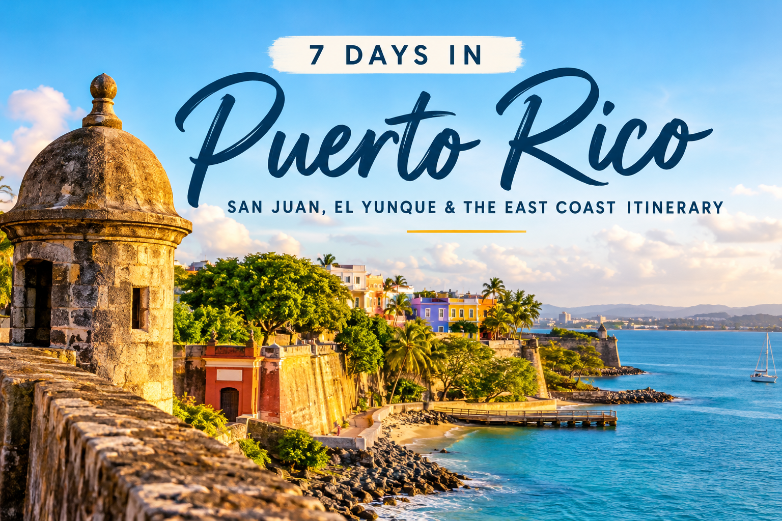 7 Days in Puerto Rico: San Juan, El Yunque & the East Coast Itinerary Featured image for a 7-day Puerto Rico itinerary featuring Old San Juan’s historic stone fortifications, colorful buildings, and turquoise Caribbean coastline.