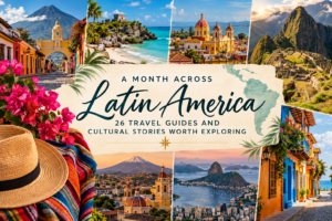 Colorful Latin America travel collage featuring Machu Picchu, historic cities, tropical beaches, and mountains, with a cursive Latin America title.