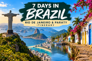 Featured image for a 7-day Brazil itinerary featuring Christ the Redeemer, Rio de Janeiro’s mountains and coastline, and the colorful colonial architecture of Paraty.