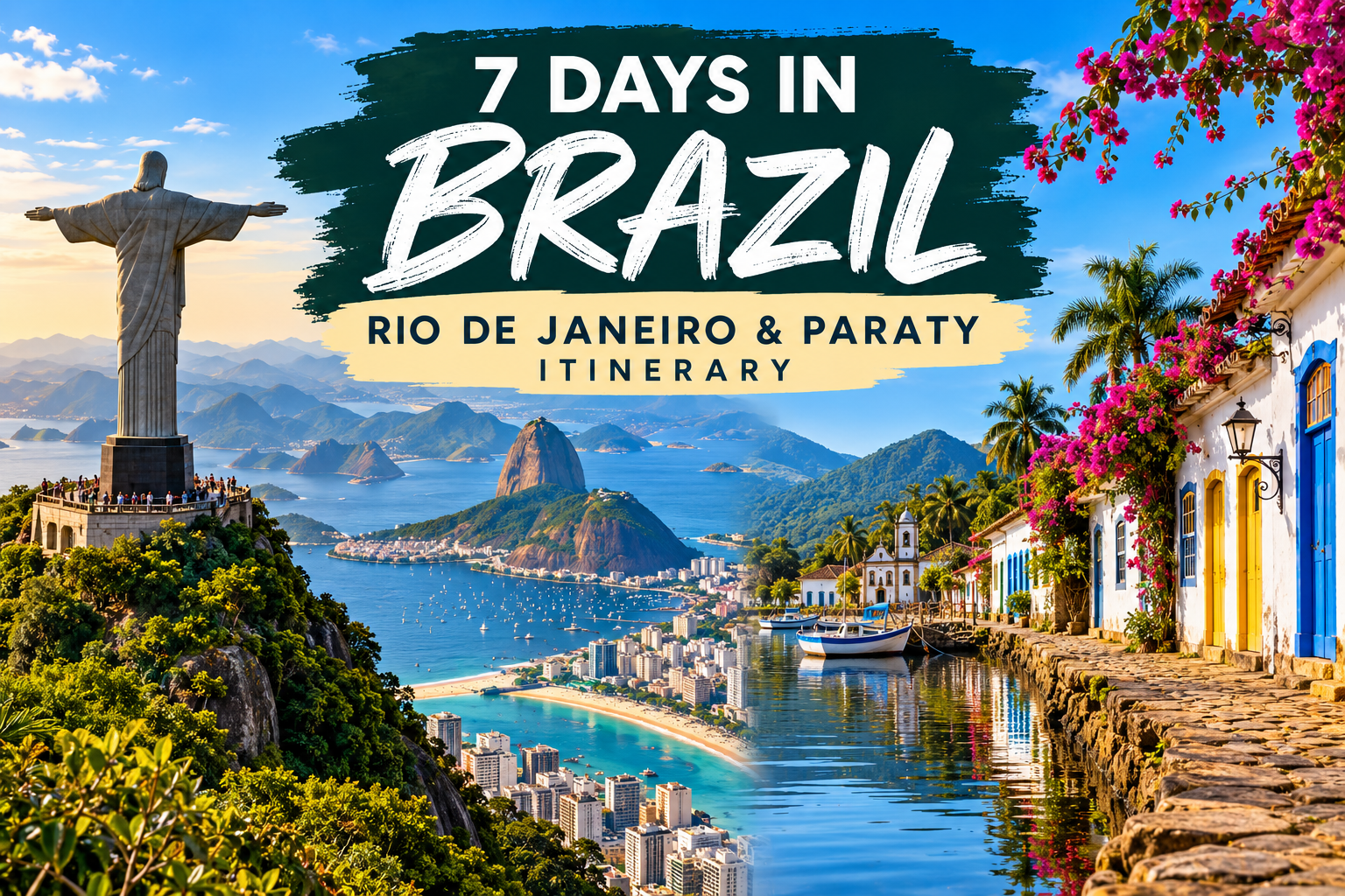 7 Days in Brazil: Rio de Janeiro & Paraty Itinerary Featured image for a 7-day Brazil itinerary featuring Christ the Redeemer, Rio de Janeiro’s mountains and coastline, and the colorful colonial architecture of Paraty.