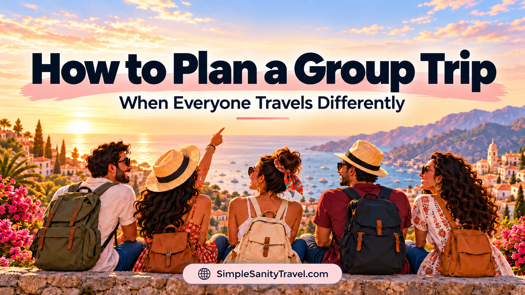 How to Plan a Group Trip When Everyone Travels Differently Illustration of five Latino travelers overlooking a coastal destination, featuring tips for planning a group trip with different travel styles.
