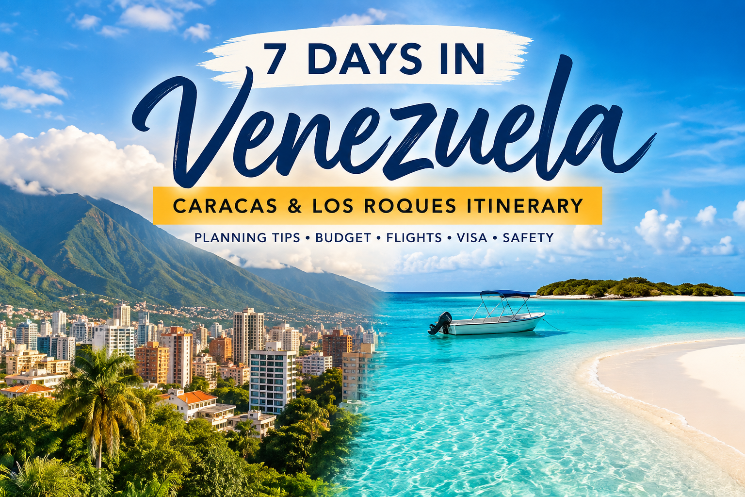 7 Days in Venezuela: Caracas & Los Roques Itinerary Featured image for a 7-day Venezuela itinerary featuring Caracas, its surrounding mountains, and the turquoise Caribbean waters of Los Roques.